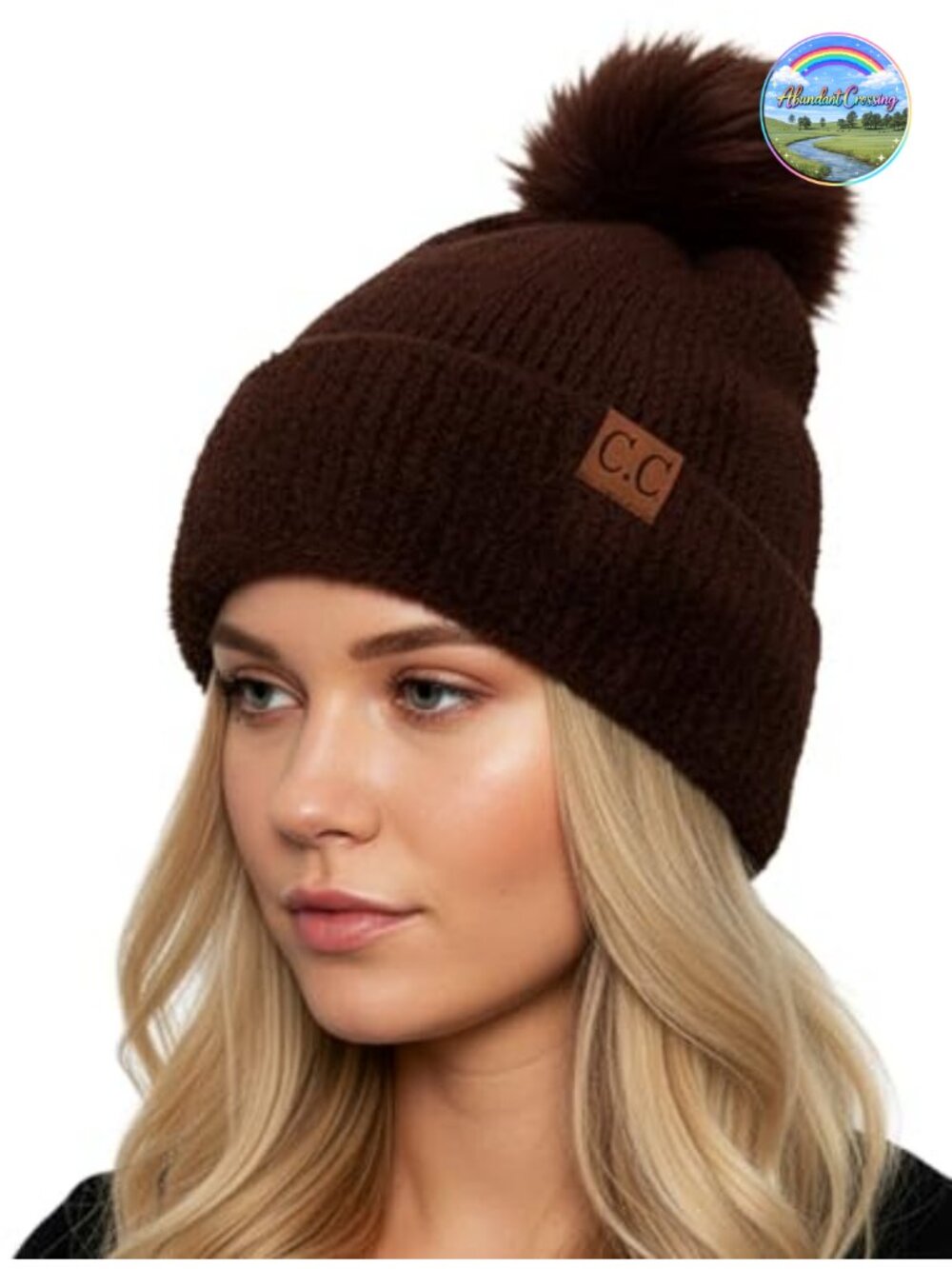 Womens Chenille Beanie Oversized Faux Fur Pom Pom Winter Hat